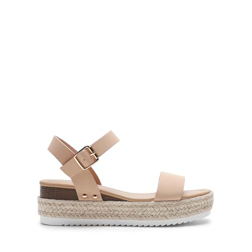 DREAM PAIRS DREAM PAIRS Women's Platform Espadrilles Wedge Sandals, Comfortable Open Toe One Band Sandals for Women Dressy Casual Summer,Size 8,Nude,DWUMPS2502