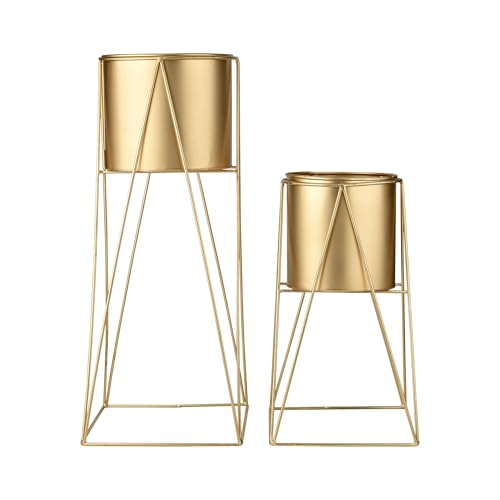 Image of Decent Home Decor Iron Metal Indoor Out Door Bedroom Home Office Planter Pot Tall Stand with Planter for Living Room, Balcony Flower Pot Stand Set of 2 (Gold)