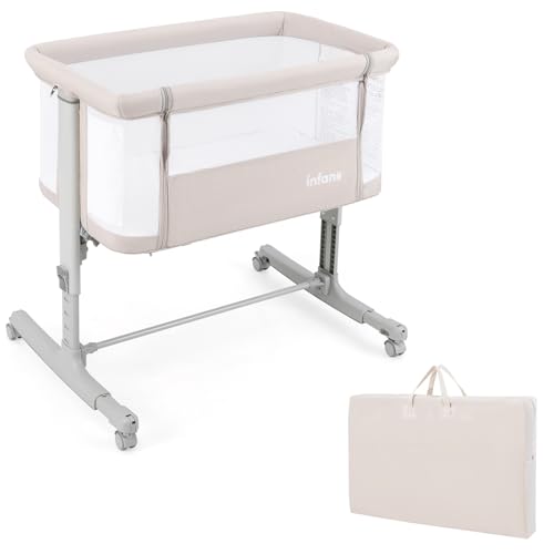RELAX4LIFE 3 en 1 Cuna Colecho con Altura Ajustable en 5 Posiciones, 4 Ruedas Bloqueable y Ajustable, Cuna Bebe con Colchón Acolchado y Correa de Sujeción para Niños 0-6 Meses, Carga 9kg (Beige)