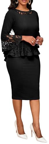 Image of Lace Dresses for Women Wedding Guest Elegant Long Sleeve Cocktail Business Knee Length Pencil Dress