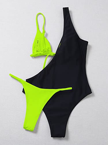 Hilinker Women's Colorblock 3 Pcs Swimsuit Rib Triangle Bikini Set With One Shoulder Swimwear Blackgreen X-Large #TOP2