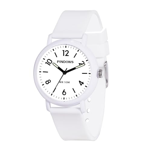 PINDOWS Reloj Digital 50M Impermeable, Simple Analógico Digital Relojes de Pulsera con Luminoso para Hombres Mujeres para Deportes al Aire Libre,Blanca