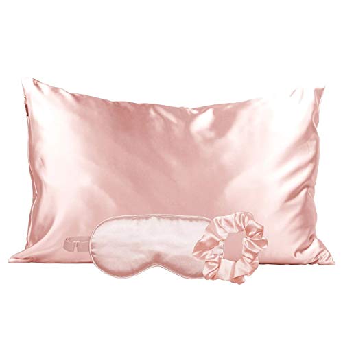 Kitsch Satin Sleep Set, Softer Than Silk Pillowcase and Eyemask Set - Includes 1 Satin Pillowcase, 1 Satin Eye Mask, and 1 Satin Volume Scrunchie,, Pillow Case for Hair (Blush)