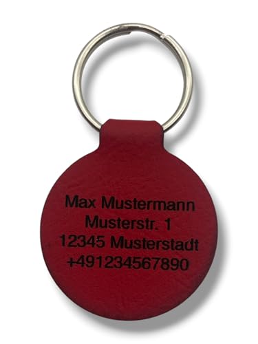 Hundemarke mit Gravur – personalisierte Tiermarke für Hunde & Katzen – leichter Anhänger aus Kunstleder – individuell mit Namen & Telefonnummer – stilvolles Accessoire für Haustiere (Rot)