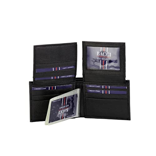BACCI Mens RFID blocking Wallet - Genuine Leather Bifold Wallet for Men with 1 Hidden Zipper, 2 Cash Pockets,14 Cards, 2 Inner Slots & Double Flap 2 ID Windows - Slim Bifold Wallet (Black)2