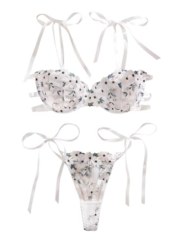 Lilosy Sexy Tie Side Embroidered Underwire Push Up Cute Strappy Mesh Sheer Bachelorette Lingerie Set