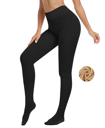 Image of DOCUMO Fleece Lined Tights for Women Thermal Pantyhose Winter Warm Fake Translucent Tights High Waisted Thick Leggings