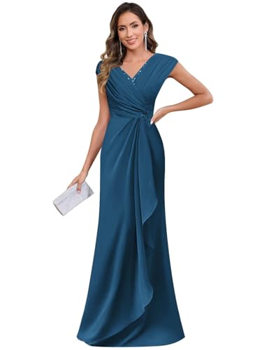 Cap Sleeves Mother of The Groom Dresses with Pockets A Line Chiffon Peacock Floor Length Lace Applique Mother of The Bride Dresses for Wedding Size 14