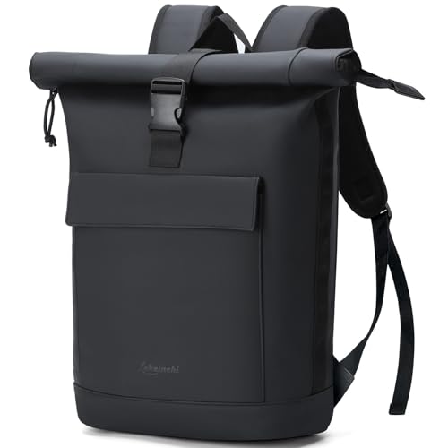 Lekeinchi Mochila Portátil Hombre Mujer 17" Impermeable - Rolltop Extensible, Compartimento Acolchado, Mochila Viaje/Trabajo/Escuela, 18-25L, Negro