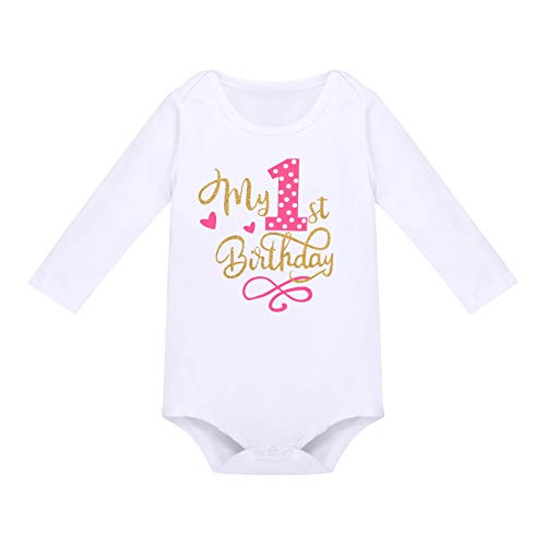 Babypakje voor kleine meisjes, 1/2/3e verjaardag, Minnie outfit, katoen, lange mouwen, rompertje + prinses polka dots tule tutu + muis oor hoofdband, 3-delige kledingset rekwisieten kostuum voor fotoshoot, Hot Pink-My 1st Birthday, 12 Maanden - Image 5