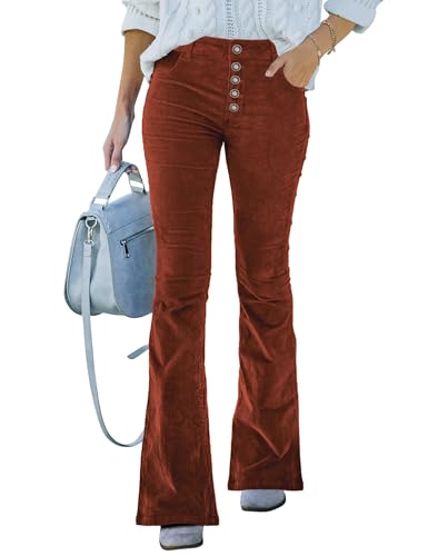 Corduroy Pants Women High Waisted Flare Pants Wide Leg Bell Bottom Trousers, Brown, 6