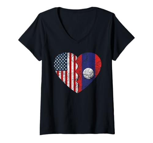 Mujer Corazón Banderas Americanas Laosianas | Estados Unidos Laos Roots Camiseta Cuello V