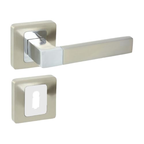 domino Door Handle Set BB Deadlock Set Square Rosette Door Handle for Room Door, Office Door, Cellar Door & Interior Door Fittings Made of Aluminium Chrome/Nickel ERIS QR M6/M9