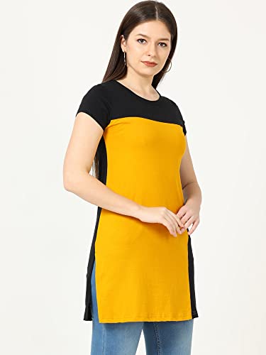 Image of FLEXIMAA Women's Cotton Round Neck Color Block Half Sleeve Long Top