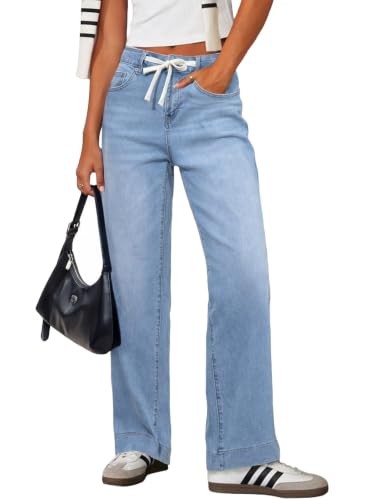 Image of Sidefeel Women's High Waisted Straight Leg Jeans Drawstring Denim Pants