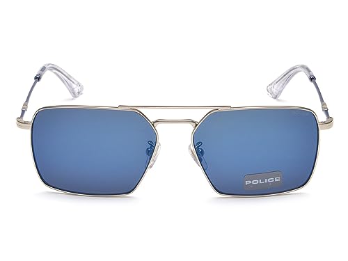 Image of Police Eyewear | Blue Lens | Silver Frame | Full Rim Square Shape Branded and Stylish Sunglasses | 100% UV Protection | Mens Sunglasses| Size Large | SPLL07K59579BSG