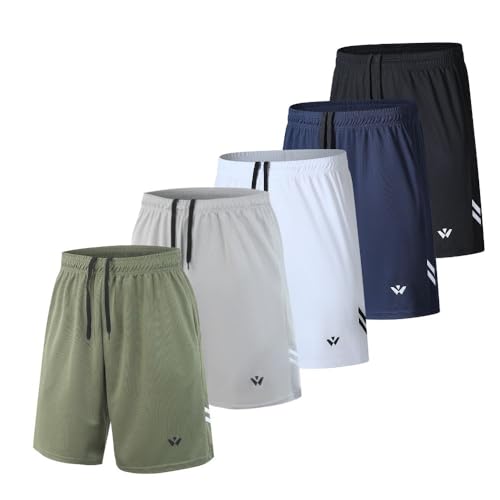 fovdtaa Paquete de 5 pantalones cortos deportivos para hombre, pantalones cortos deportivos con bolsillos y cintura elástica, pantalones cortos de entrenamiento de secado rápido para hombre