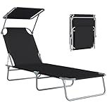 Outsunny Outdoor Foldable Sun Lounger, 4 Level Adjustable Backrest Reclining Sun Lounger Chair with Angle Adjust Sun Shade Awning for Beach, Garden, Patio, Black