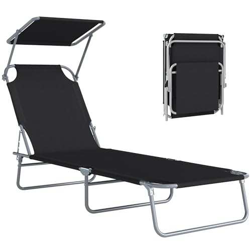 Outsunny Transat Bain de Soleil Pliable Chaise Longue Pliante Grand Confort Dossier Inclinable Multi-Positions et Pare-Soleil Réglable 187L x 58l x 36H cm Noir