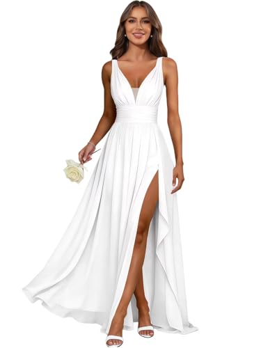 jdoiweidm Beach Wedding Dresses for Bride Pleated Chiffon V Neck Ruffle A Line Bridal Gown White...
