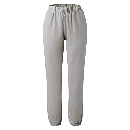 Women Solid Trousers Casual Baggy Relaxed Fit Elastic Waist Wide Loose Rolled Leg Soft Pants with Pockets (Grey, XL)4
