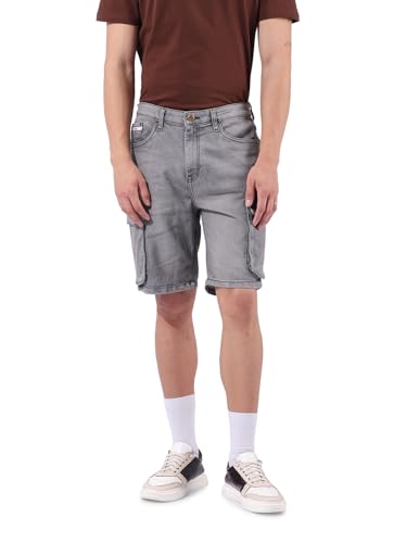 Image of The Indian Garage Co Men Relaxed Fit Solid Mid-Rise Denim Cargo Shorts