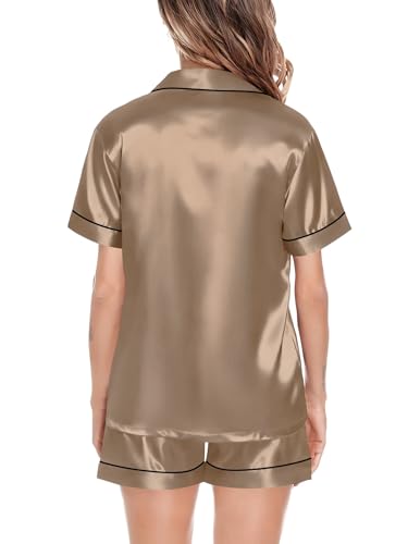 Image of SWOMOG Satin Matching Pajamas Sets Couple Silk Button Down Nightwear Women & Men Short Sleeve Sleepwear 2 Pieces Loungewear