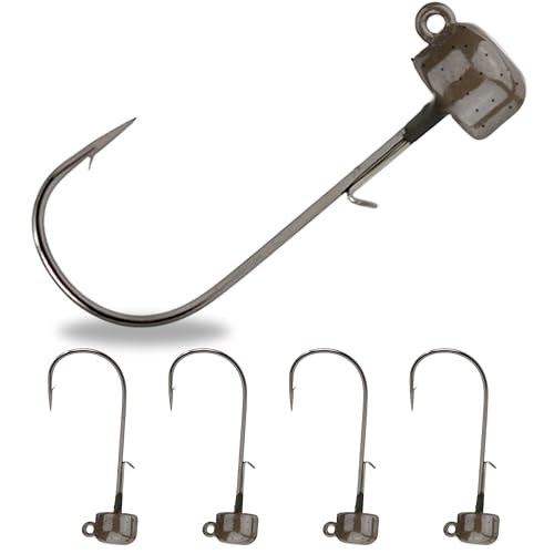 Reaction Tackle Tungsten Mushroom Head Ned Rig Shroom Jig Heads for Finesse Fishing, Weedless Jig Head for Bass Fishing with Soft Lures (5-Pack) 1/10oz Green Pumpkin
