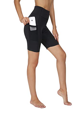 Brandless Yoga Shorts with Pockets for Women High Waisted Tummy Control Biker Running Workout Athletic Short Legging 7 Inches(S,Black)