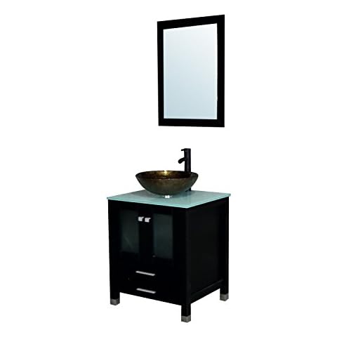 BATHJOY 24.8” Modern Wood Bathroom Vanity Cabinet Tempered Glass Vessel Sink Top Free Faucet Drain with Mirror Cover