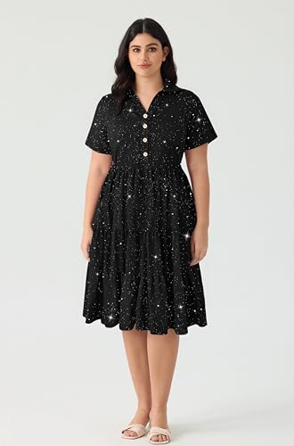 Image of CARCOS Plus Size Dresses for Curvy Women Collared Vneck Short Sleeve Dresses Midi Summer Ruffle Dress with Pocket XL-5XL