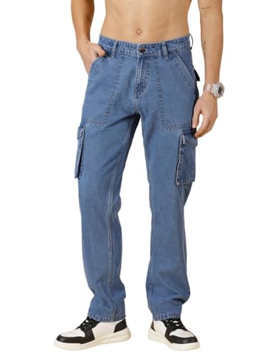 Image of Thomas Scott Men Comfort Relaxed Fit Clean Look Light Fade Pure Cotton Cargo Jeans, Mid Rise, Blue, 32