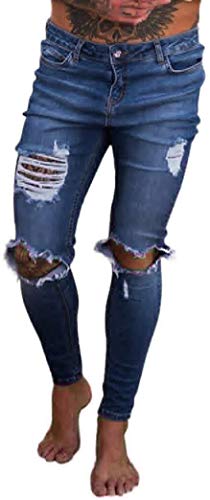 LuckyGirls Pantalones Hombres Vaqueros Originales Rotos Casuales Motocicleta Pantalones Slim Agujero Elasticos Streetwear Moda Pantalón (S, Azul Oscuro)