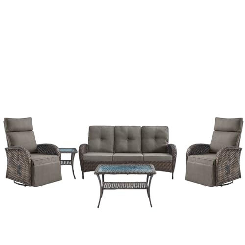 5 Piece Patio Furniture Set with Swivel Recliner Chair - Removable Outdoor Patio Couch Set, Chaise Lounge Chair Outdoor with Adjustable Backrest and Footrest and Coffee Table for Casual Gathering