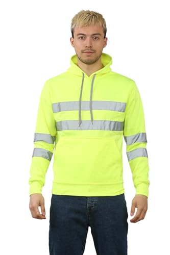 BSBAAA FASHIONS Hi Vis Hoodie Sweatshirt Safety Work Reflective Jumper Hoody Tape Band Work Warm Security High Visibility Sweatshirt Pullover Hooded Top (Yellow, Small)