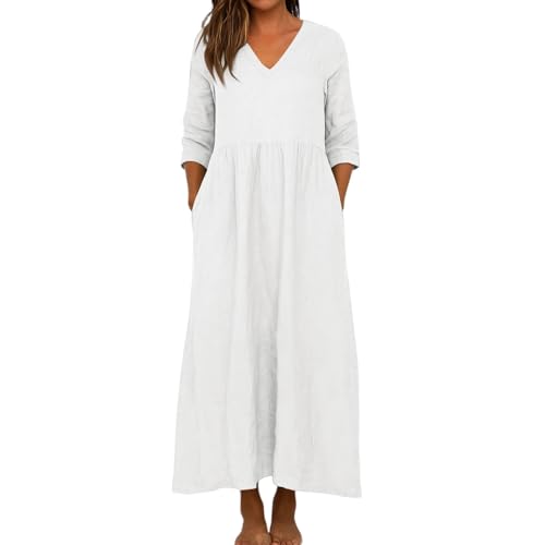 Musselin Kleid Damen Leinenkleid Damen Frühling und Herbst Kleid 3/4 Ärmel V Ausschnitt Langes Kleider Lose Solid Farbe Baumwolle Leinen...