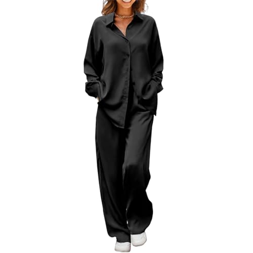 Fulbant Two Pieces Set Outfits For Women Satin Button Shirt Wide Leg Pants Long Sleeve Solid High Wasit Loose Fit Trousers