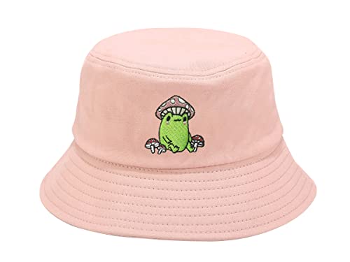 Enodtter Cottagecore Frog with Mushroom Hat Embroidered Bucket Hat for Women Girl Dusty Pink Outdoor Summer Travel Beach Sun Hat Embroidery Cap