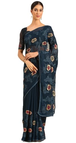 Image of Panzora Women's Chiffon Embroiderd Saree With Blouse Piece