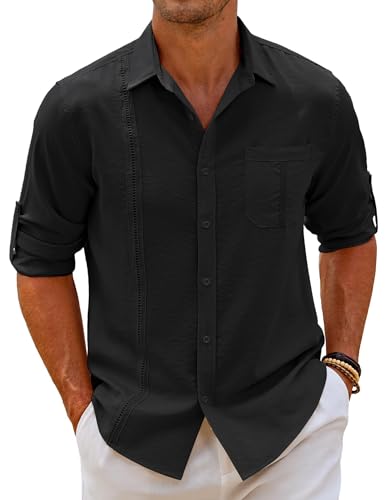 Image of COOFANDY Mens Cuban Guayabera Shirt Casual Button Down Shirts Long Sleeve Beach Linen Shirts Black