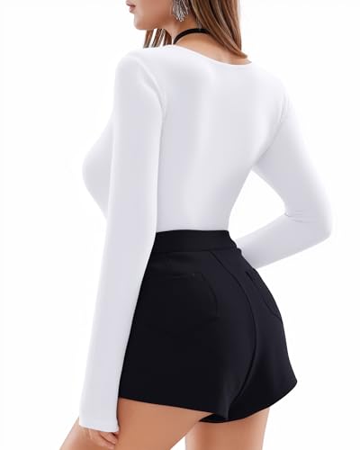 Image of Mangopop Women' Long Sleeve Ribbed Bodysuit Jumpsuits