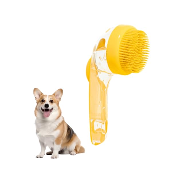 Pet Bath Brush with Shampoo Dispenser, Silicone Bristles, Ergonomic Handle, Green, 3-in-1 Shower Massage Tool for Dogs and Cats，Easy to Clean & Quick-Drying (Yellow)