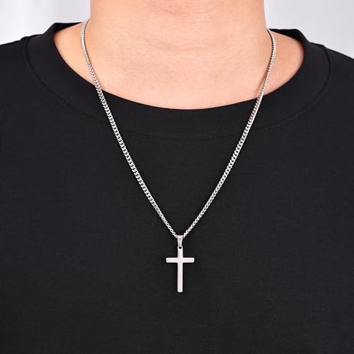 Fiusem Cross Necklace for Men, Silver Tone/Black/Gold Plated Mens Cross Necklaces with 3.5mm Chain and Stainless Pendant, Cuban Chain 16-24 Inches4