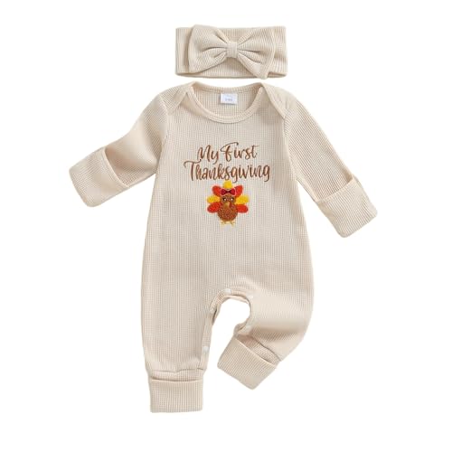 mlpeerw My First Thanksgiving Baby Girl Outfit Newborn Turkey Jumpsuit Romper Cute One Piece Onesie Infant Fall Clothes (My First Thanksgiving Apricot Newborn)