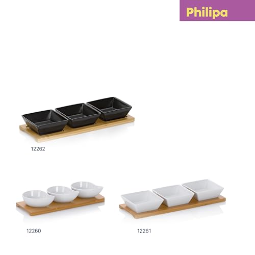 kela Servierschalen Set 4tlg PHILIPA, Porzellan Snackschalen mit Bambus Servierplatte, eckig, Dipschalen Set weiß