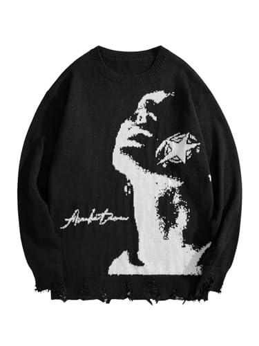 Men's Y2k Aesthetic Graphic Sweater Raw Hem Crewneck Knitted Sweater Casual Pullover Long Sleeve Jumpers