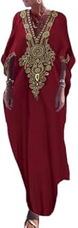 Bsubseach Gold Embroidery Long Kaftan Dresses V Neck Caftan Dress Beach Cover Ups for Women Embroidery