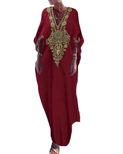 Bsubseach Gold Stickerei Lange Kaftan Kleider V-Ausschnitt Kaftan Kleid Strand Cover Ups für Frauen Maroon
