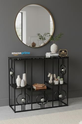 Image of Console Table with Storage, Modern Engineered Wood, Gold Metal Frame with Decorative Spheres, 30x30x7.5 Inch (Black Black)