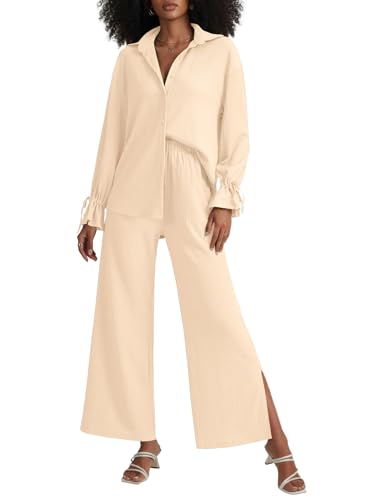 LYANER Women's 2 Piece Outfits Button Down Long Sleeve Shirt and Wide Leg Pants Set